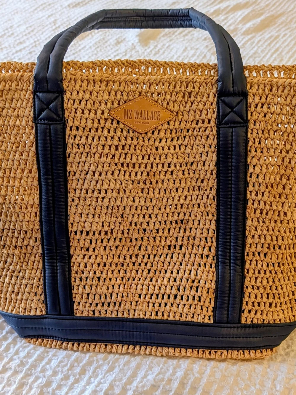 MZ Wallace Tan Woven Tote with Navy Trim and Removable Pouch